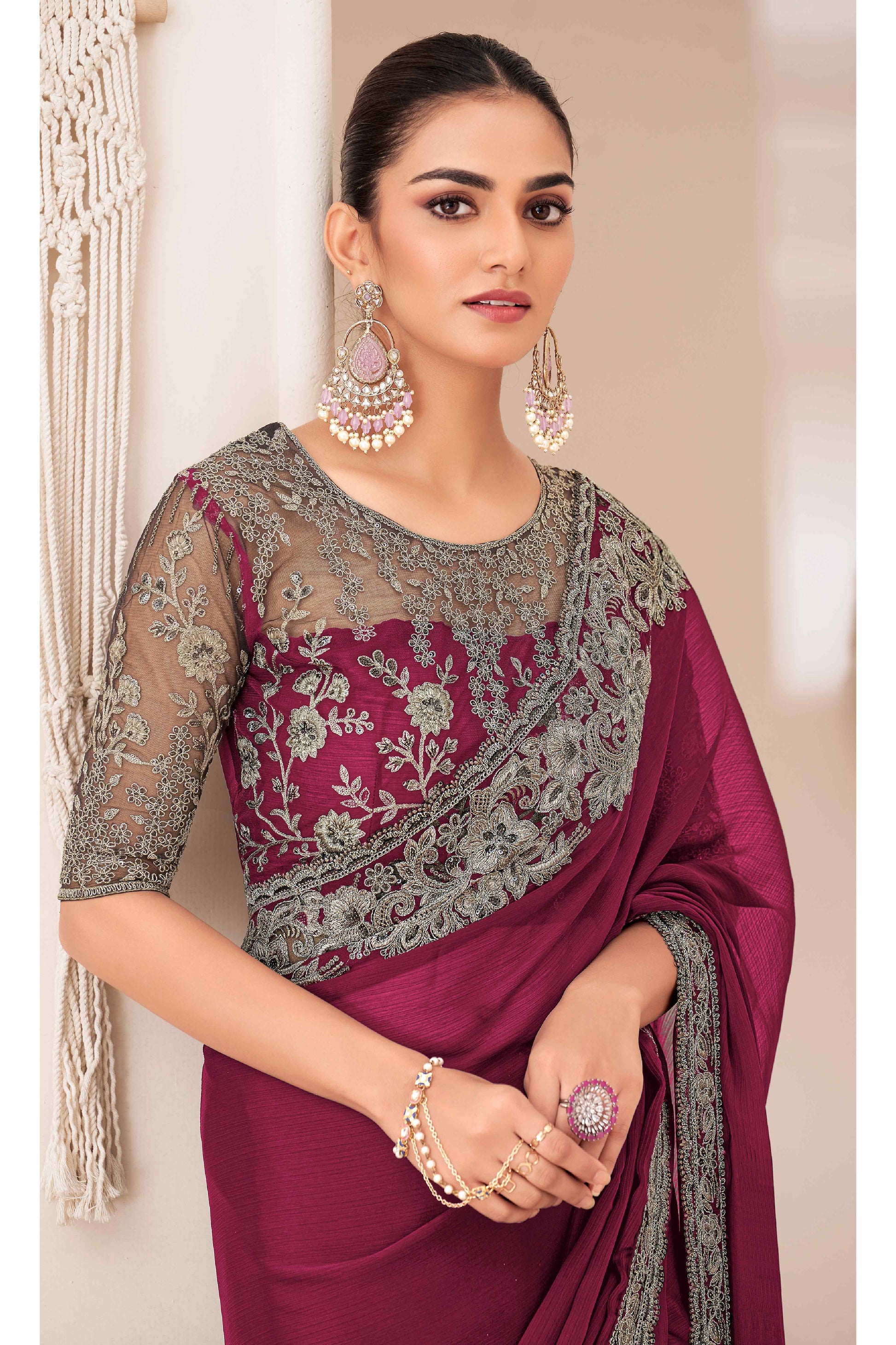 Dark Magenta Floral Sequins Embroidered Georgette Saree