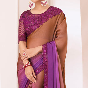 Brown & Purple Embroidered Chiffon Saree