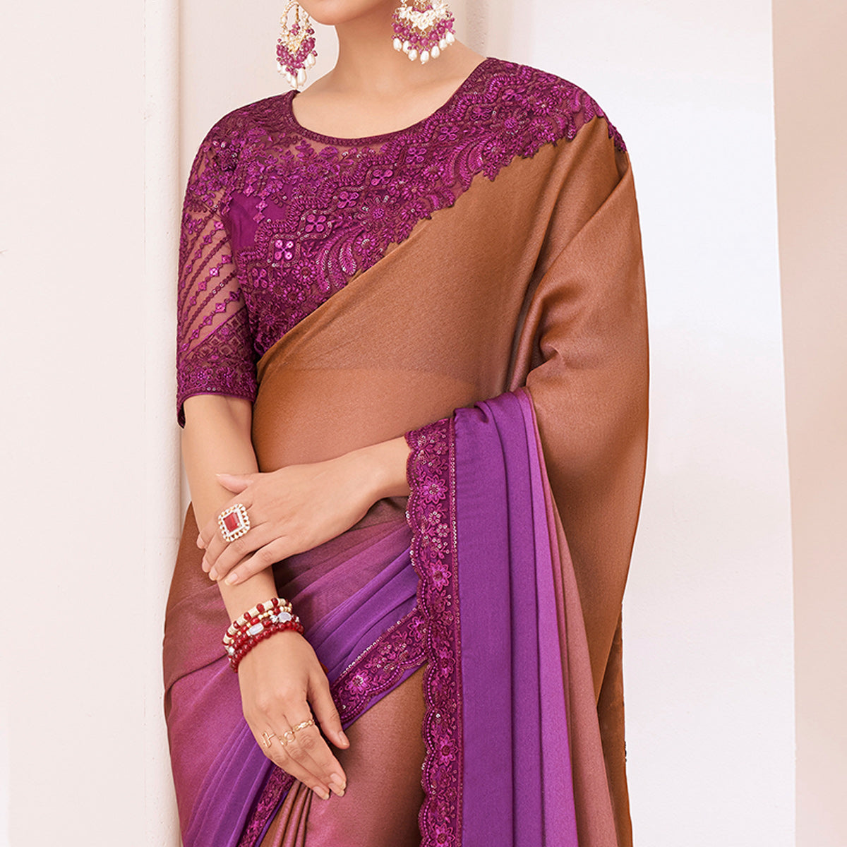 Brown & Purple Embroidered Chiffon Saree
