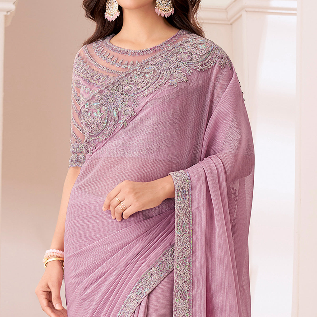 Light Pink Embroidered Chiffon Saree