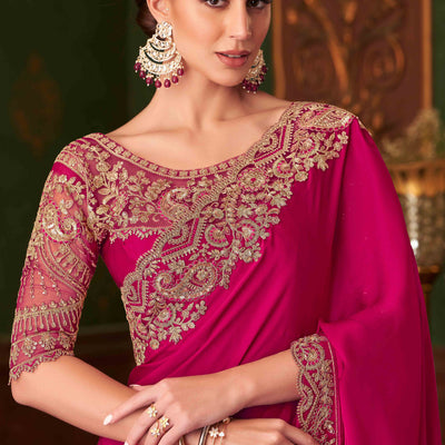 Hot Pink Sequins Embroidered Satin Saree