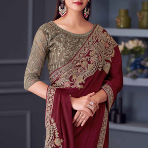 Maroon Sequins Embroidered Satin Saree