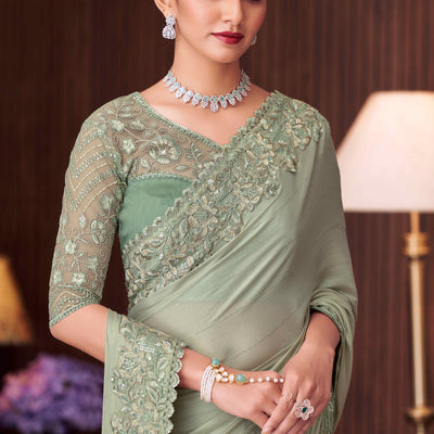 Dusty Green Sequins Embroidered Crepe Saree