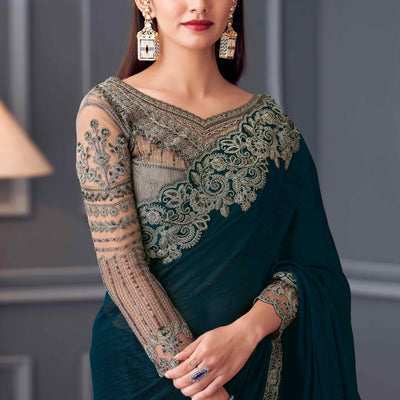 Morpich Green Sequins Embroidered Georgette Saree
