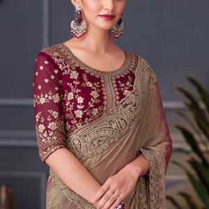 Chikoo Sequins Embroidered Chiffon Saree