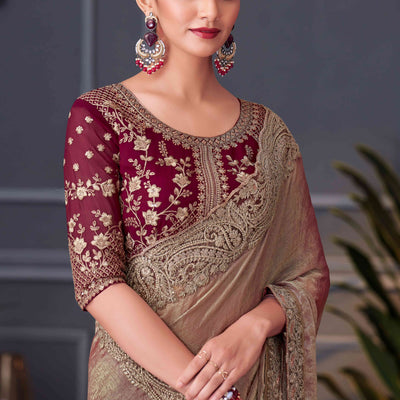 Chikoo Sequins Embroidered Chiffon Saree