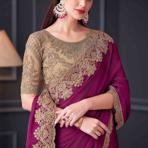 Magenta Sequins Embroidered Satin Saree