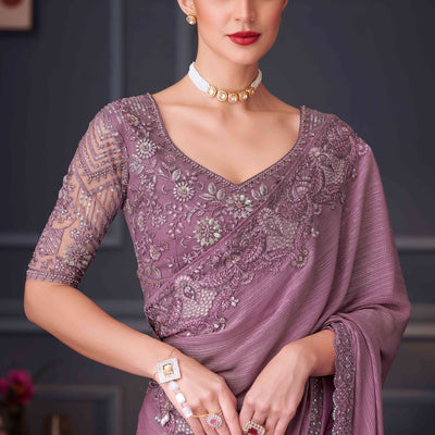 Mauve Sequins Embroidered Satin Saree