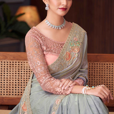 Grey Sequins Embroidered Tissue Saree