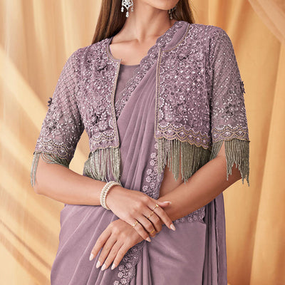 Lavender Embroidered Satin Saree With Jacket