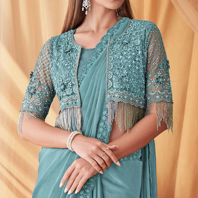 Light Blue Embroidered Satin Saree With Jacket