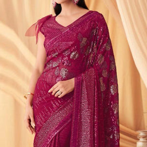 Magenta Sequins Embroidered Georgette Saree With Tassels