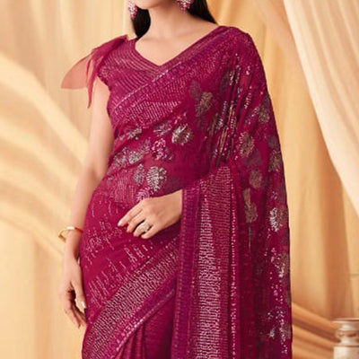 Magenta Sequins Embroidered Georgette Saree With Tassels