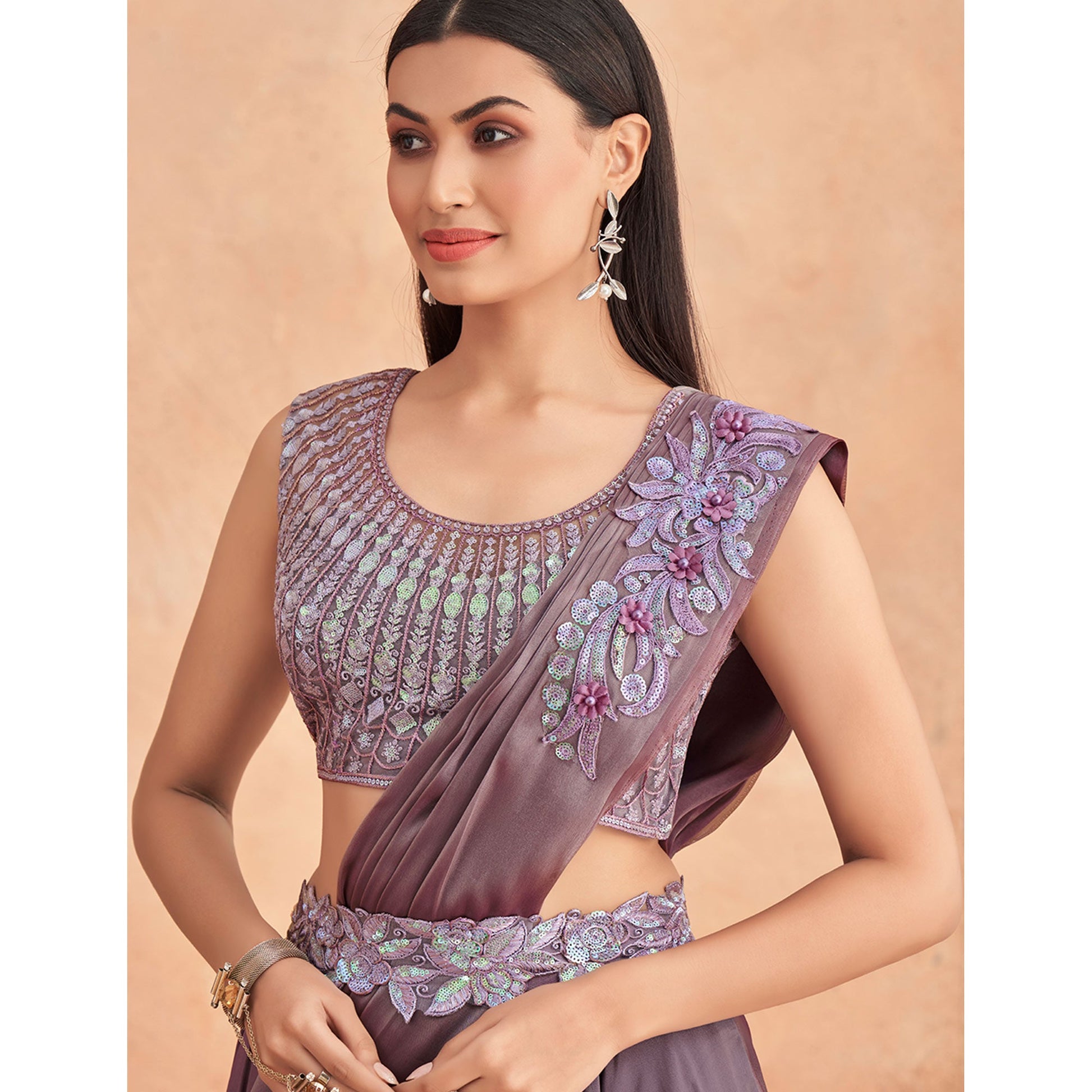 Mauve Sequins Embroidered Ready To Wear Satin Silk Saree