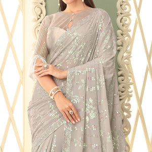 Grey Sequins Embroidered Georgette Saree