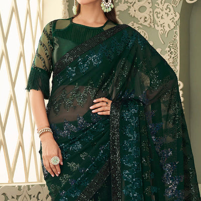 Bottle Green Sequins Embroidered Georgette Saree