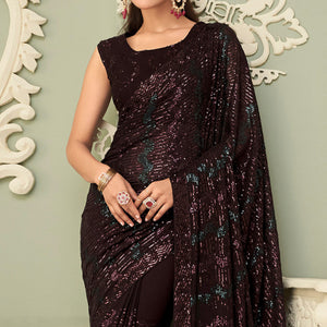 Dark Brown Sequins Embroidered Georgette Saree