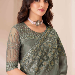 Dusty Grey Sequins Embroidered Satin Saree