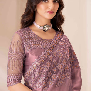 Dusty Rose Pink Sequins Embroidered Satin Saree