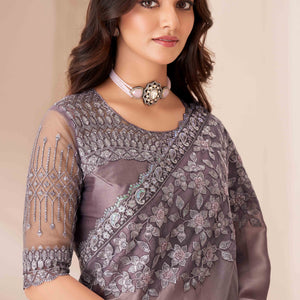 Dusty Purple Sequins Embroidered Satin Saree