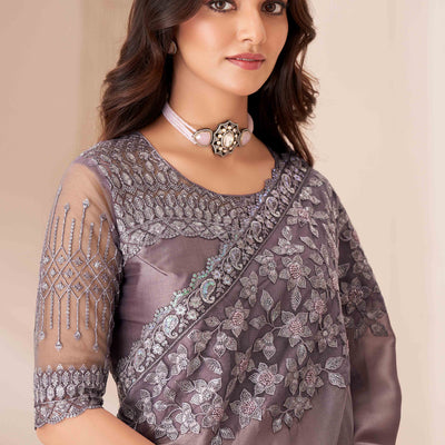 Dusty Purple Sequins Embroidered Satin Saree