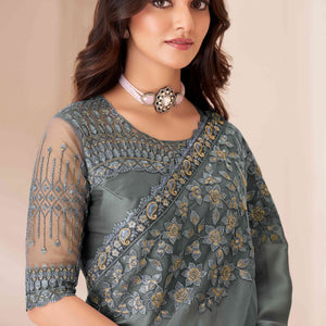 Grey Sequins Embroidered Satin Saree