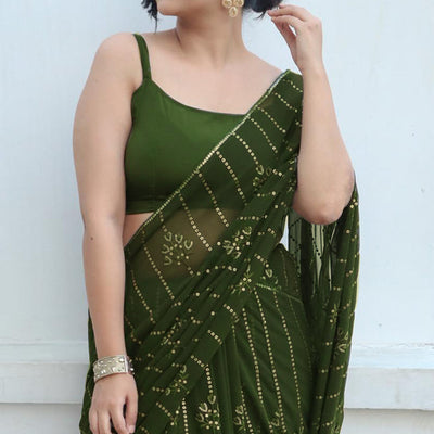 Mehandi Green Sequins Embroidered Georgette Saree