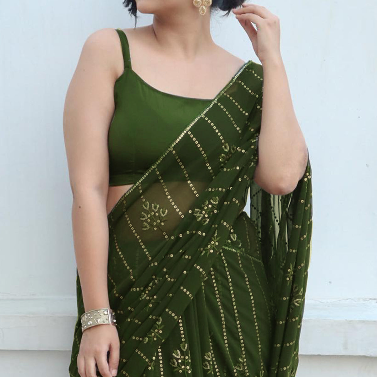 Mehandi Green Sequins Embroidered Georgette Saree