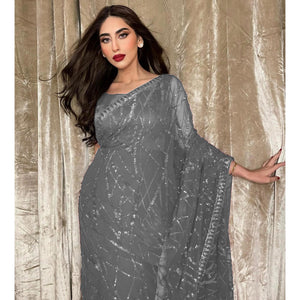 Grey Sequins Embroidered Georgette Saree