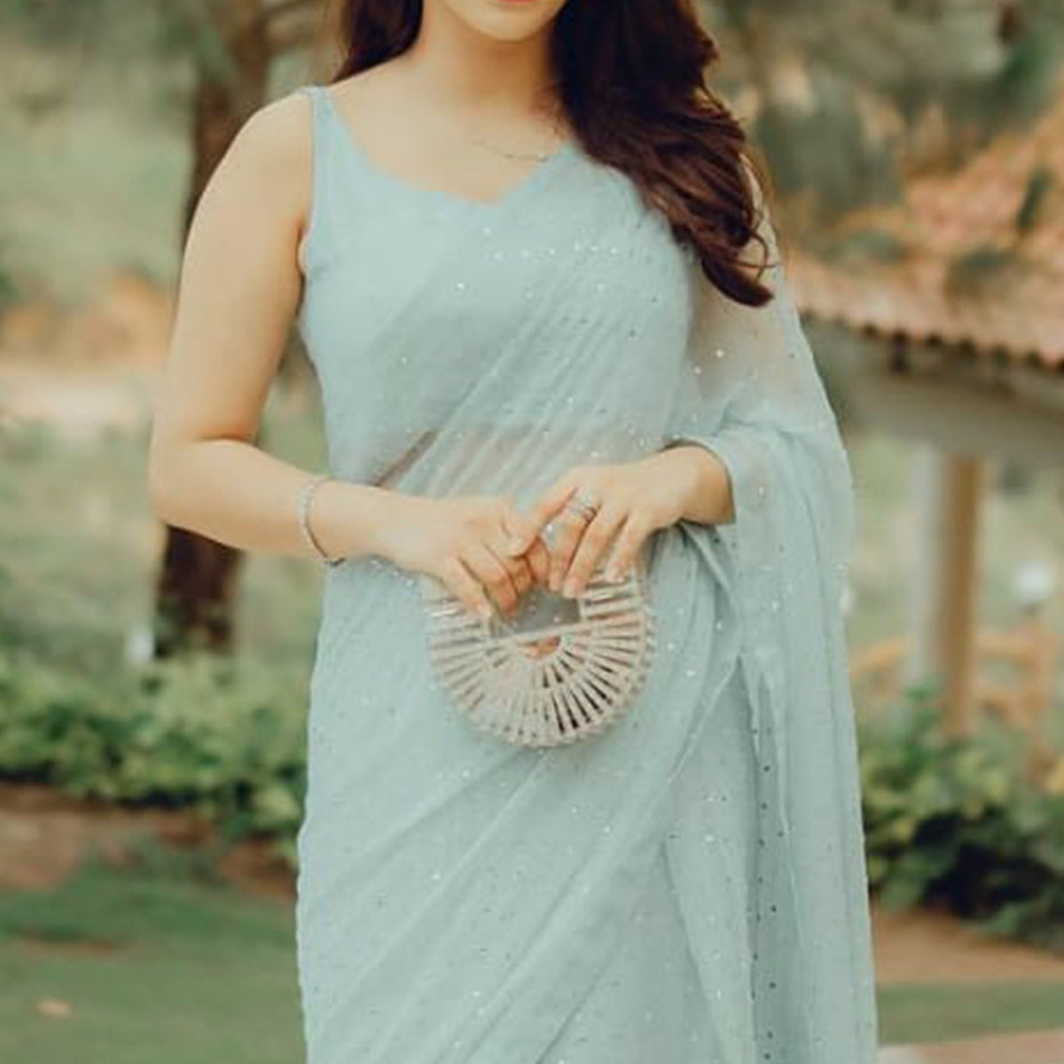 Mint Green Embroidered Georgette Saree