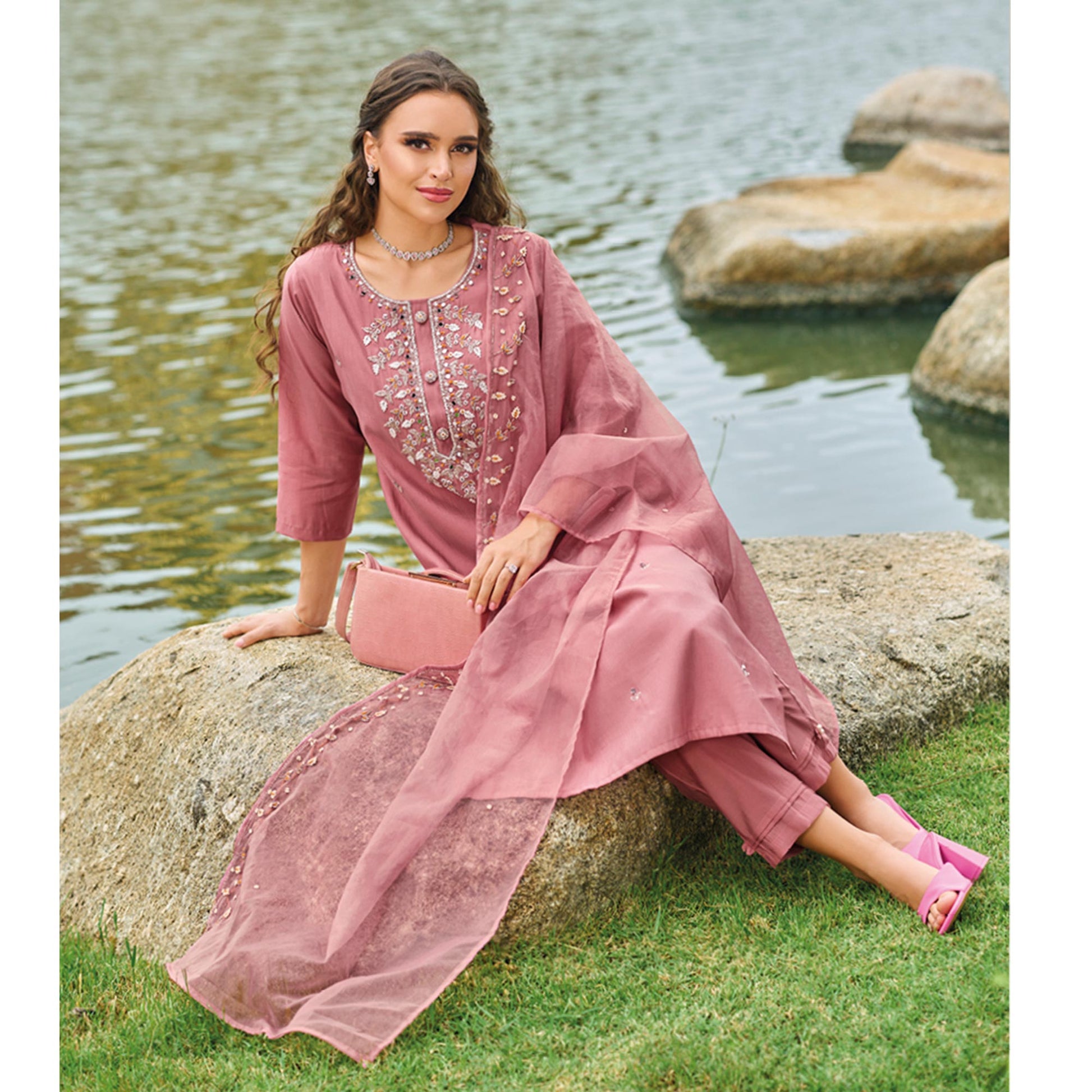 Mauve Floral Embroidered Cotton Silk Suit