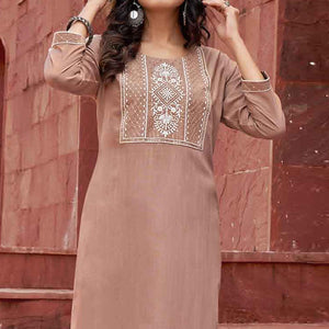 Brown Floral Embroidered Rayon Kurti