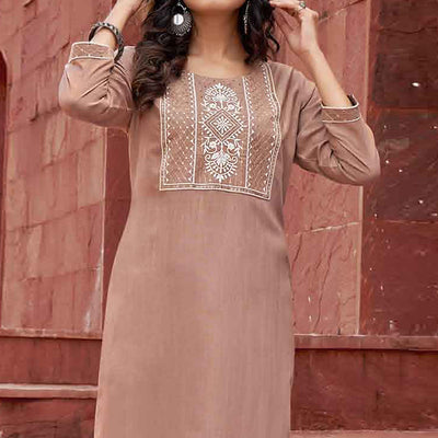 Brown Floral Embroidered Rayon Kurti