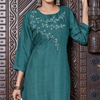 Deep Sea Green Floral Embroidered Rayon Kurti