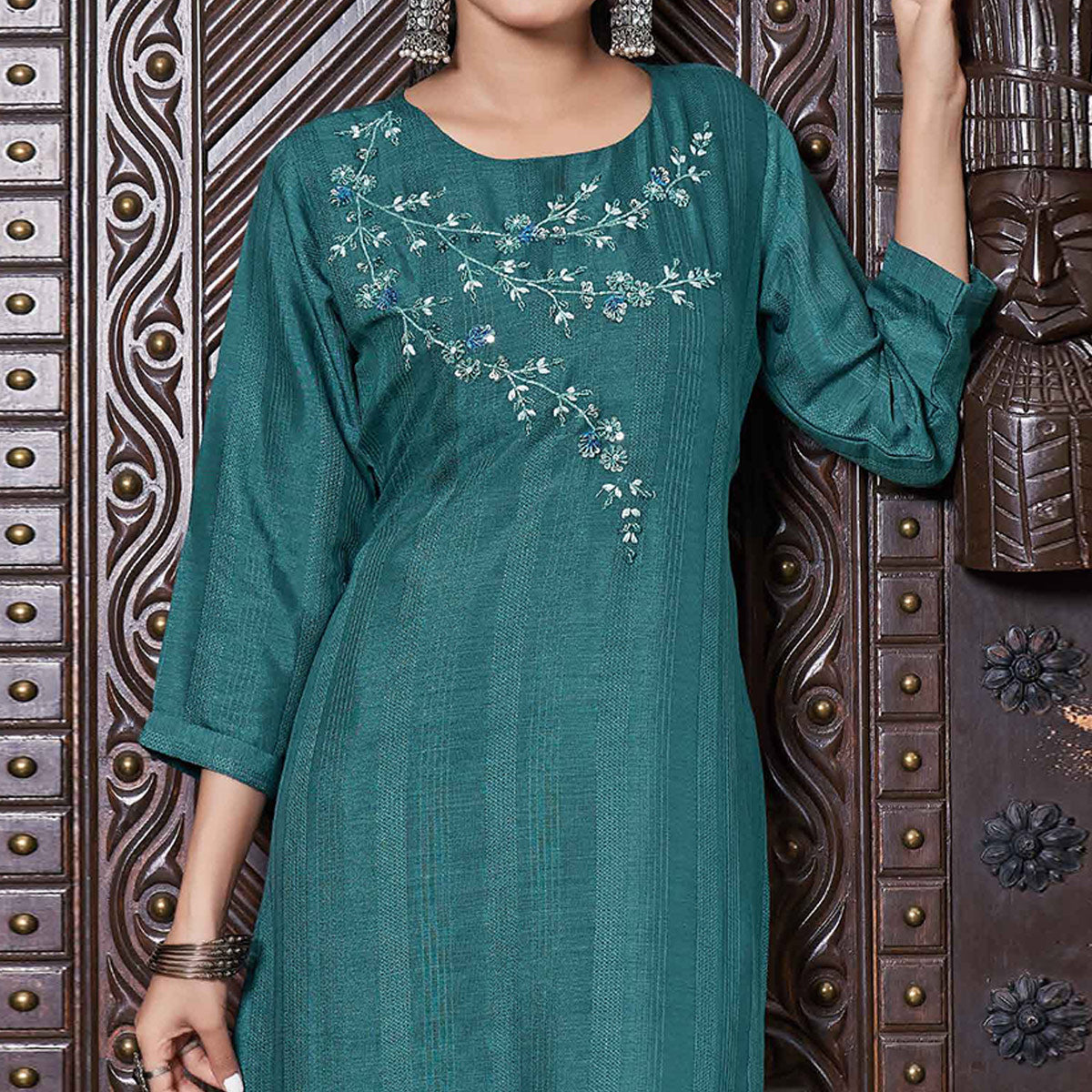 Deep Sea Green Floral Embroidered Rayon Kurti