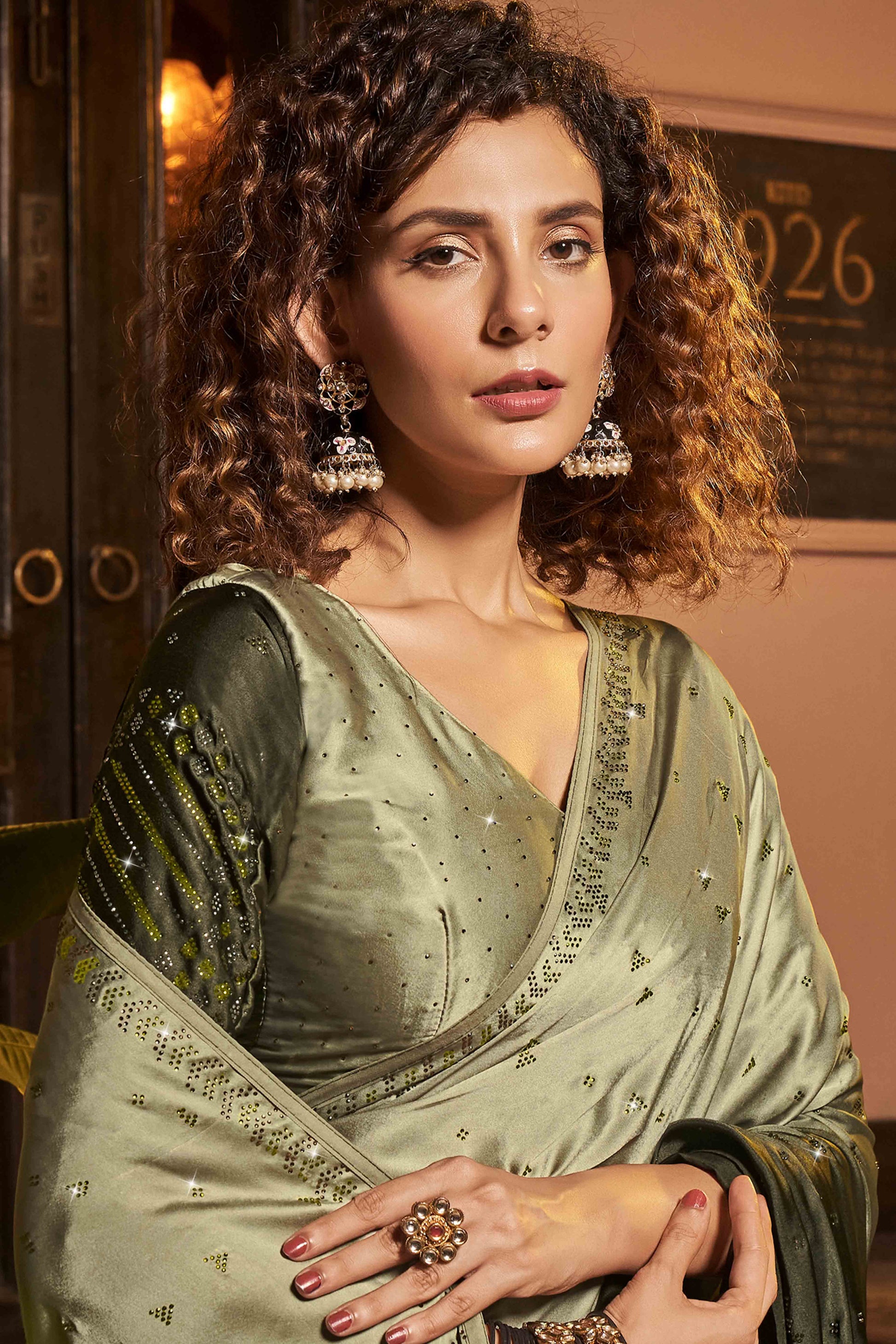 Mehendi Green Swarovski Work Embroidered Ombre Satin Saree