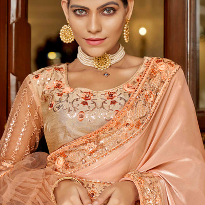 Light Orange Swarovski Work Embroidered Jimmi Choo Saree