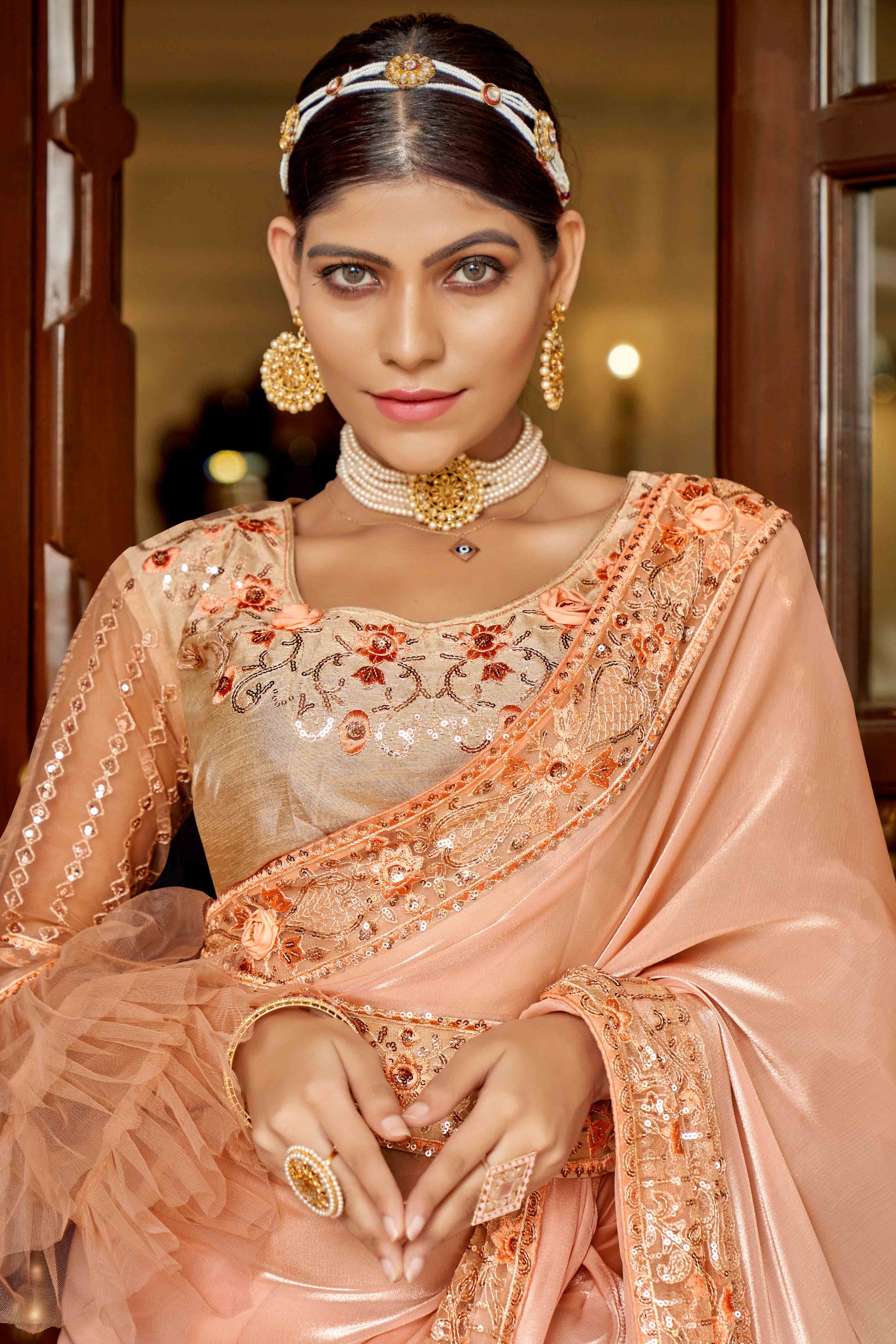 Light Orange Swarovski Work Embroidered Jimmi Choo Saree