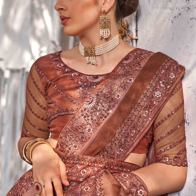 Brown Sequins With Floral Embroidered Georgette Saree