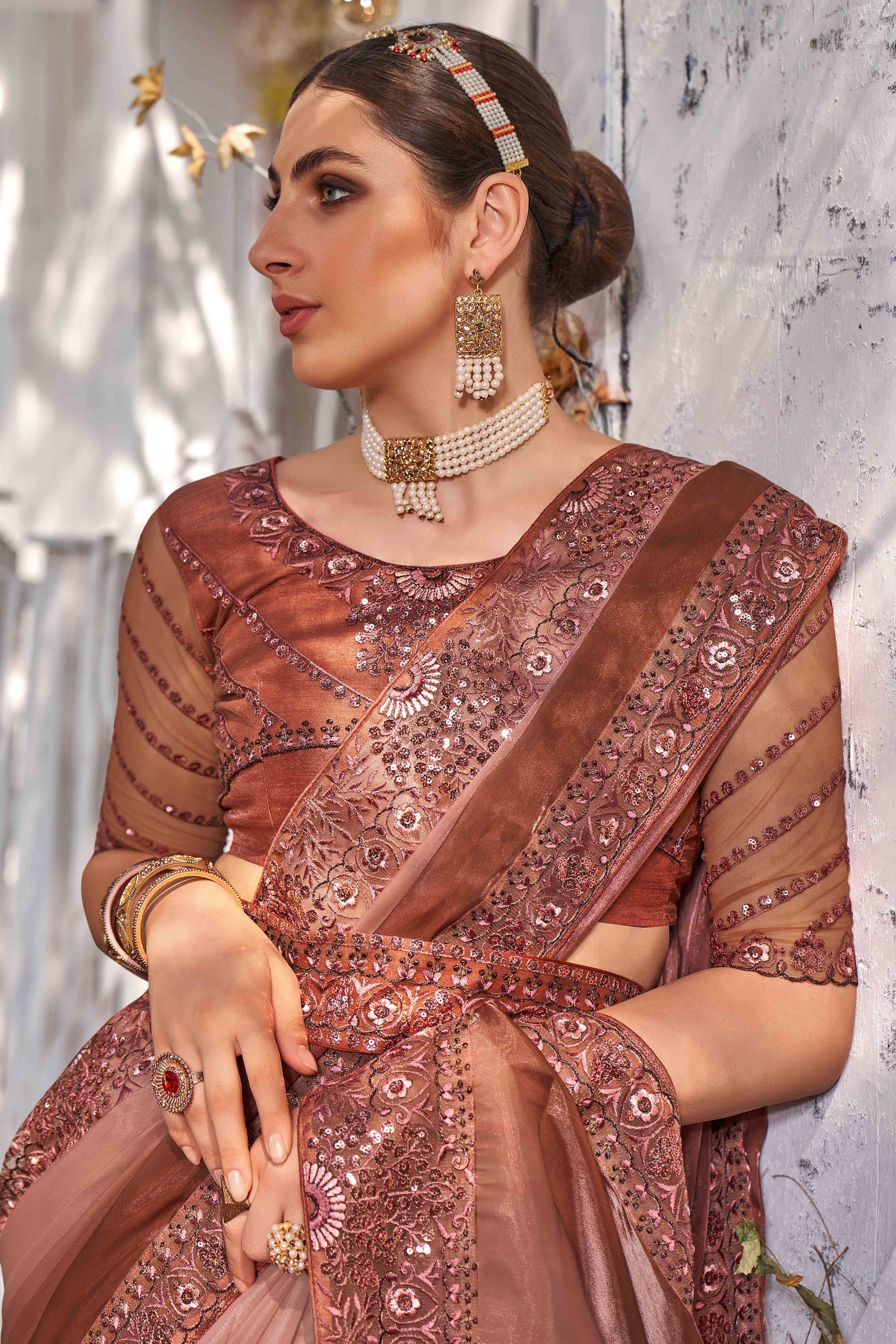 Brown Sequins With Floral Embroidered Georgette Saree