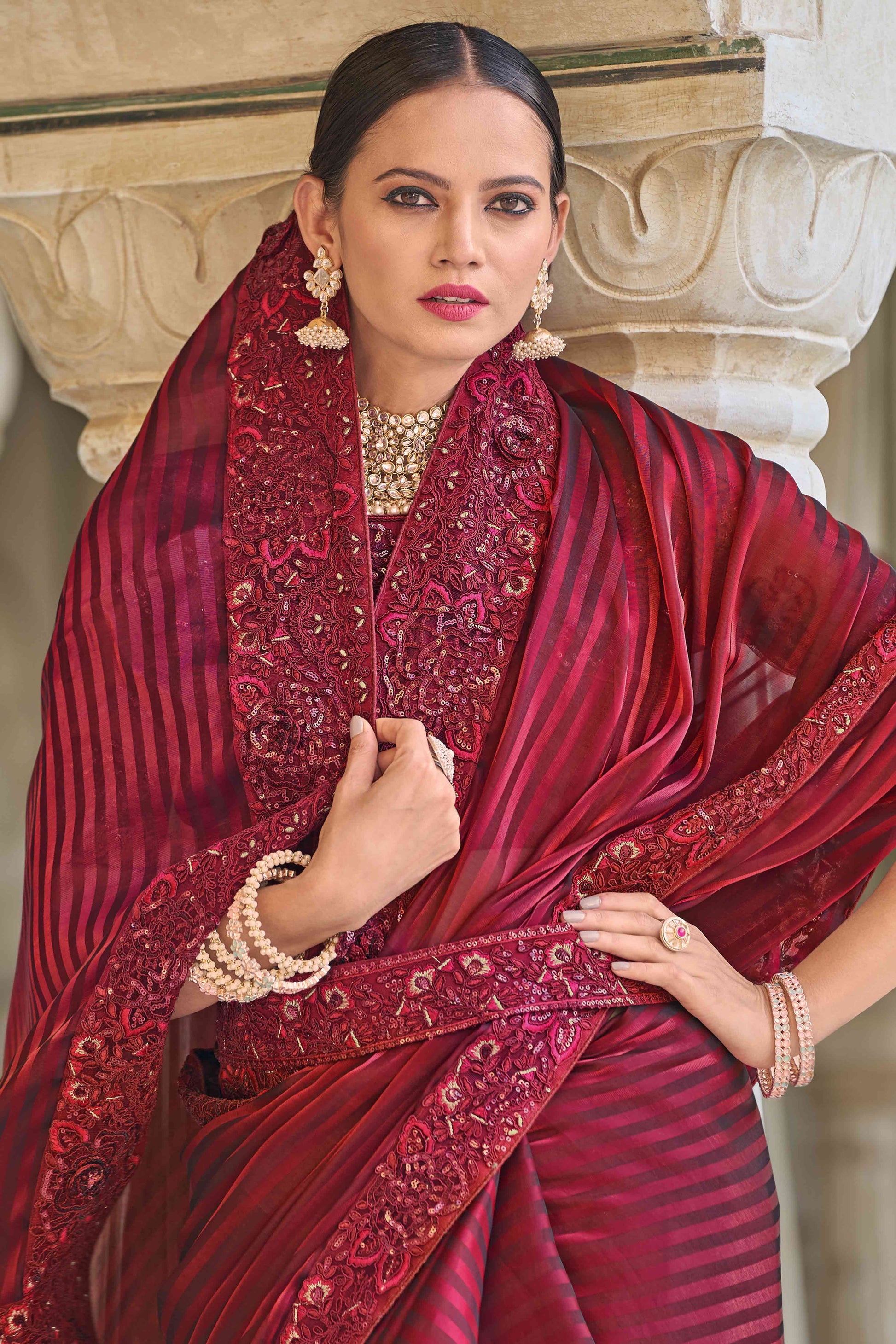 Maroon Sequins Embroidered Georgette Saree