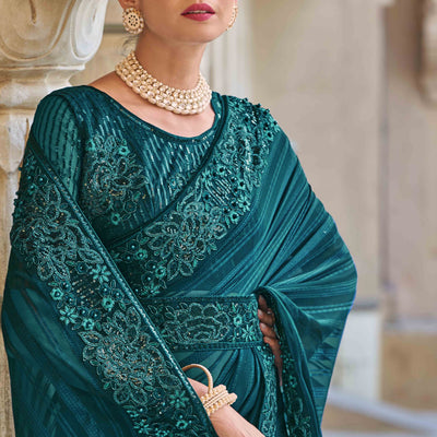 Morpich Green Sequins Embroidered Georgette Saree