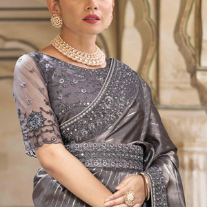 Grey Sequins Embroidered Georgette Saree