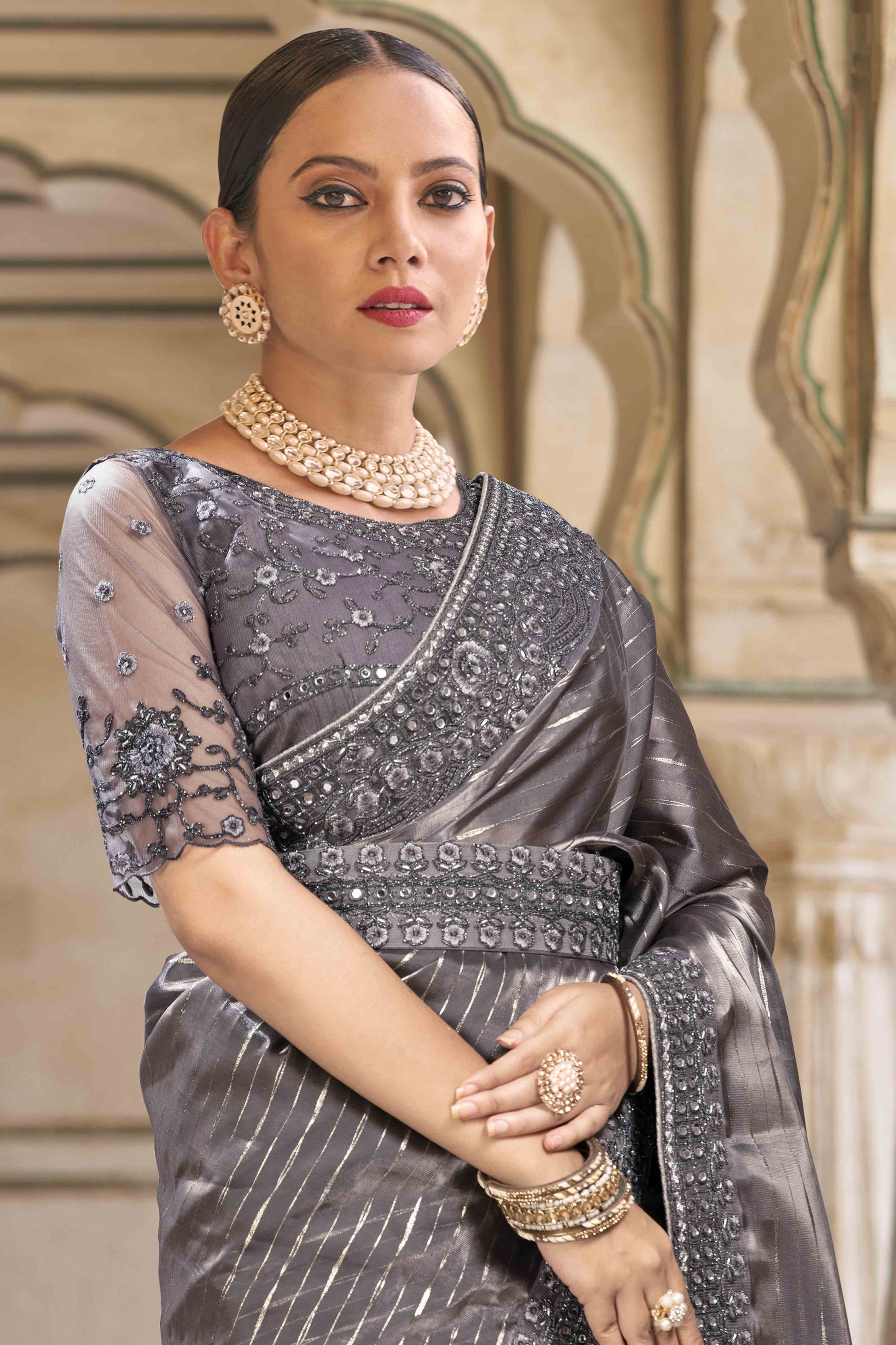 Grey Sequins Embroidered Georgette Saree