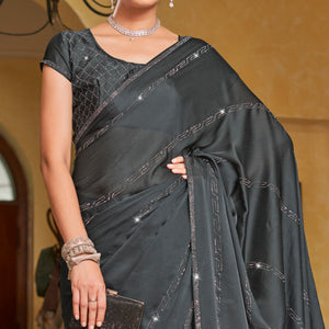Grey Swarovski Work Georgette Saree