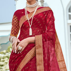 Maroon Foil Printed Georgette Saree With Embroidered Border