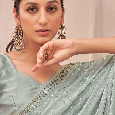 Grey Swarovski Work Embroidered Satin Saree