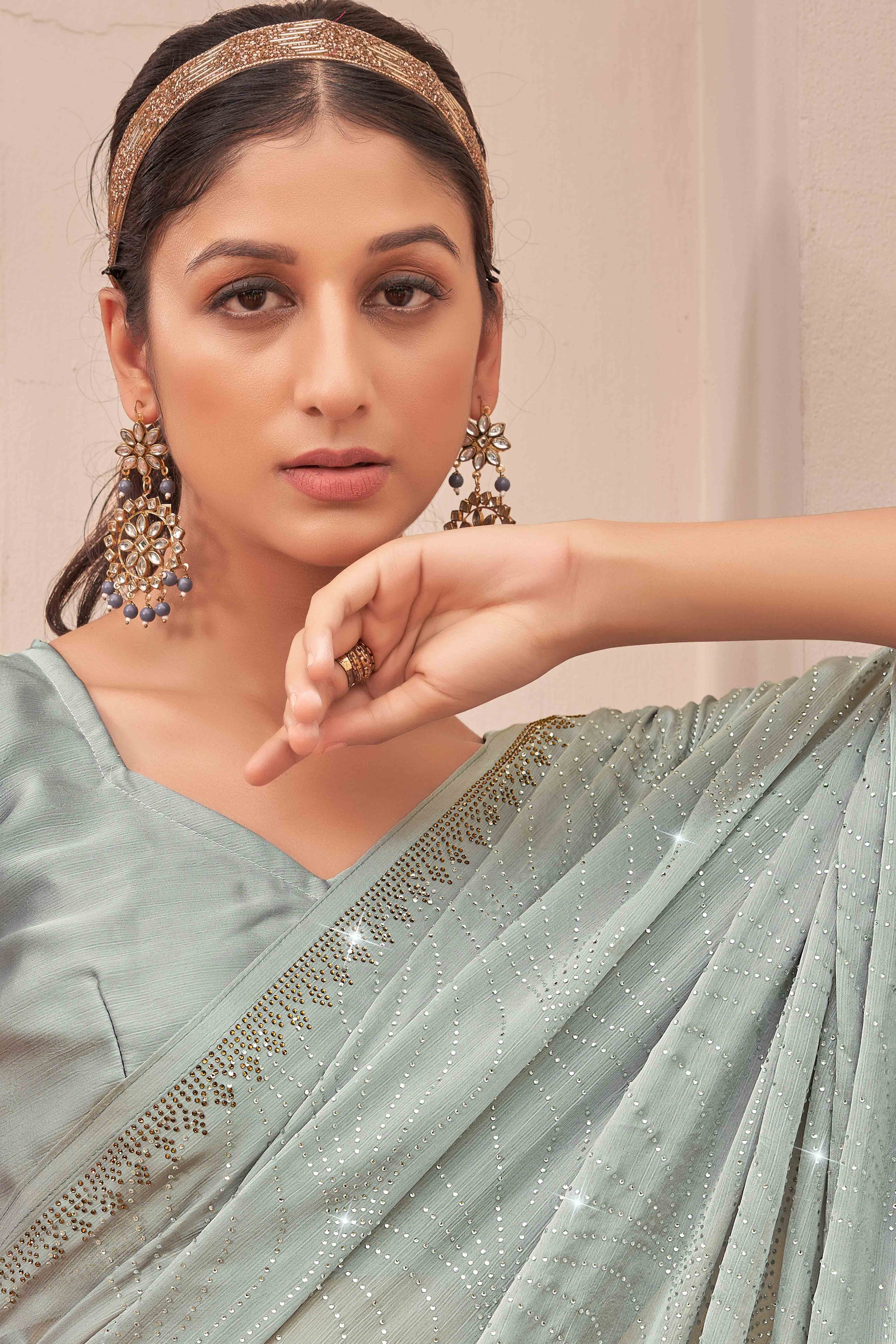 Grey Swarovski Work Embroidered Satin Saree