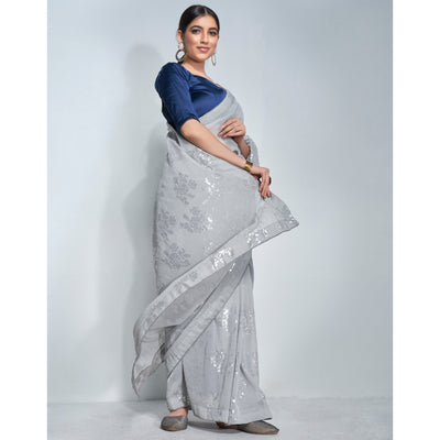 Grey Sequins Embroidered Georgette Saree
