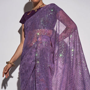 Lavender Ombre Print Sequence Work Georgette Saree